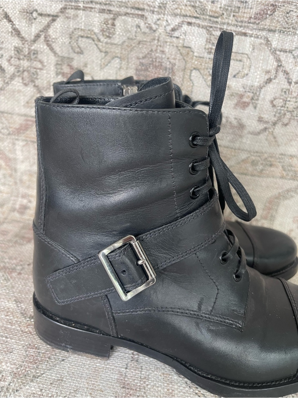 Prada Monk Strap Black Leather Lace-Up Combat Ankle Boots with Buckle - Picture 4 of 10